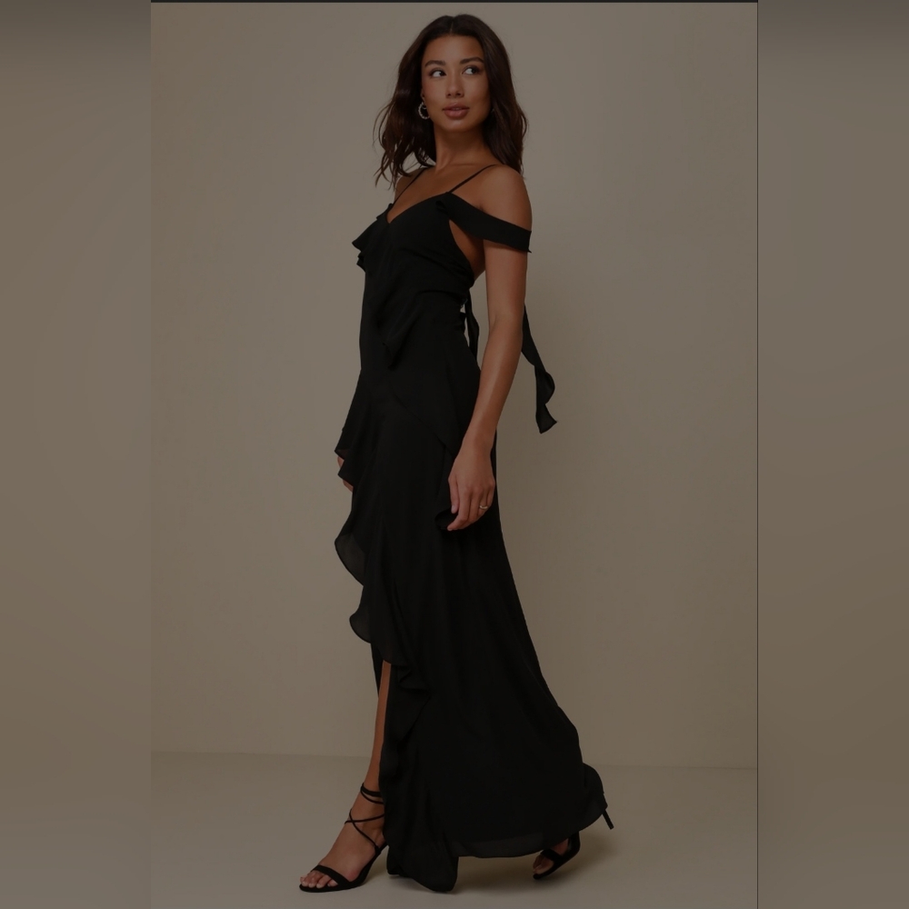 Lulus | Iconic Reality Black Ruffled Cold-Shoulder Backless Maxi Dress
